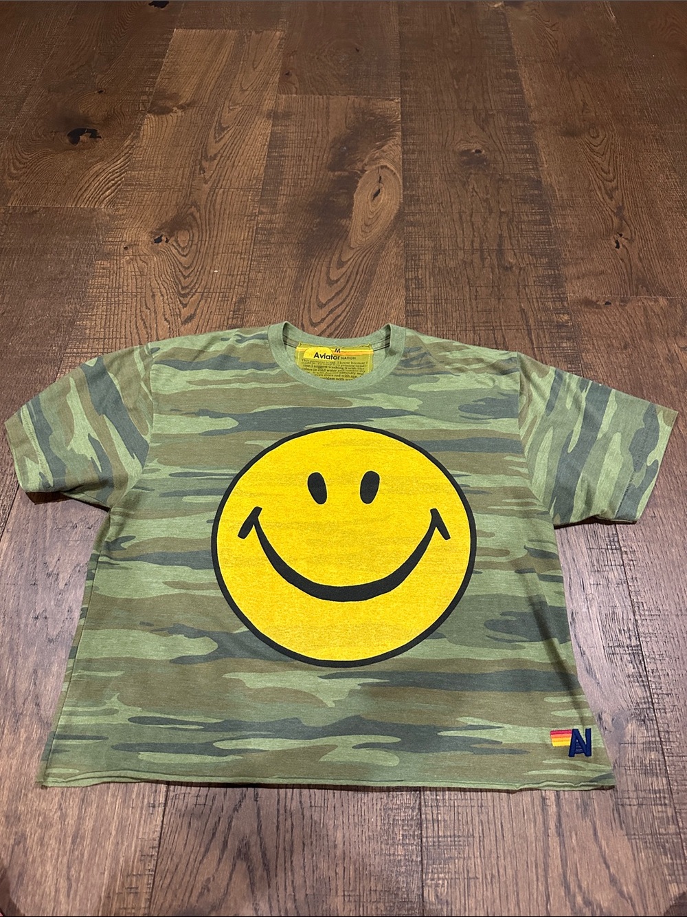 Aviator Nation Camo Tee with Yellow Smile Graphic- Medium